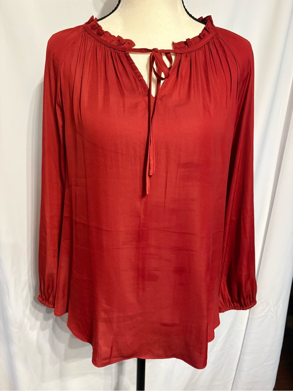 LOFT Maroon Ruffle Ling Sleeve Tie-Neck Blouse SZ M
